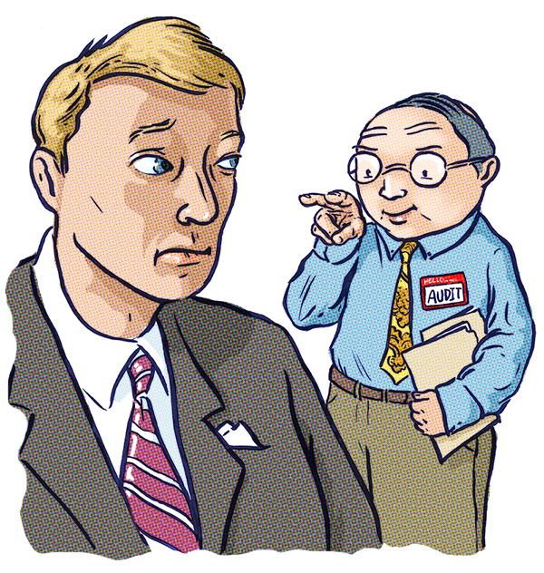 Auditor pointing his finger at a worried taxpayer