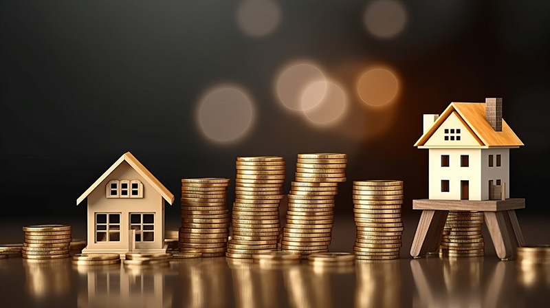 Two model houses and stacks of money