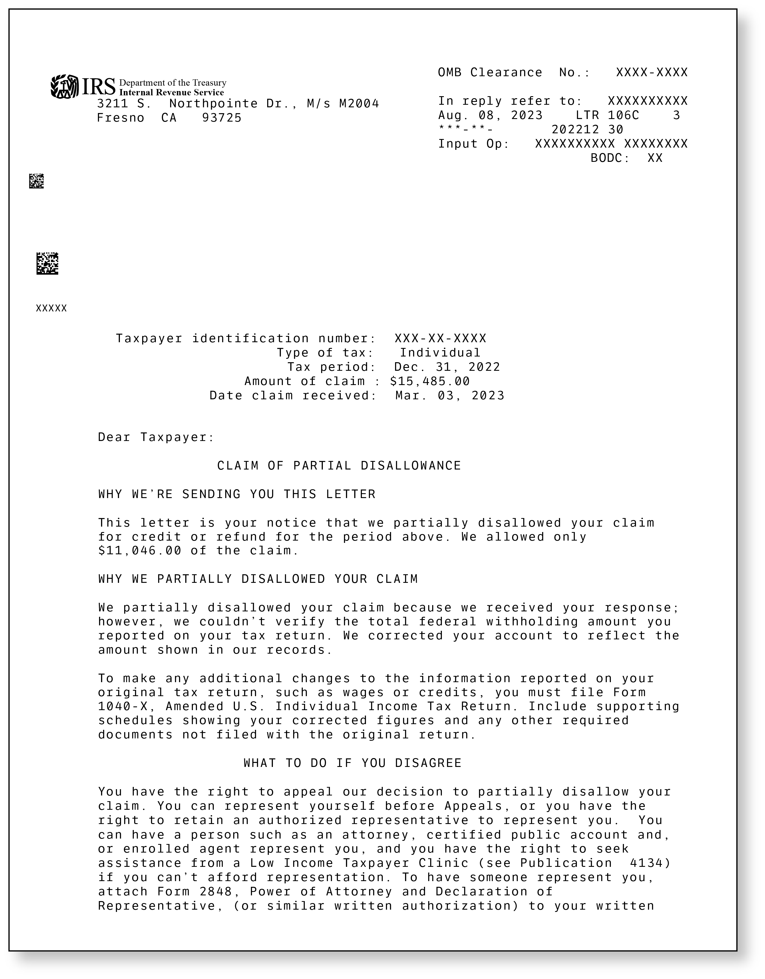 IRS Audit Letter 106C - Sample 1