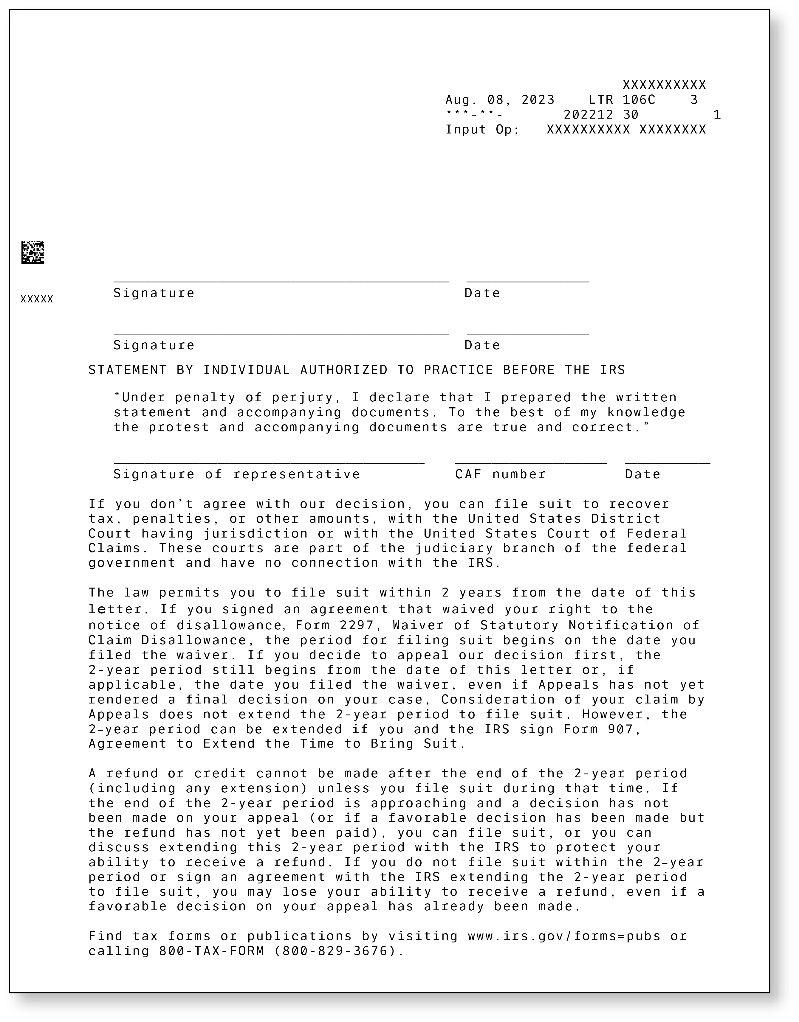 IRS Audit Letter 106C - Sample 1