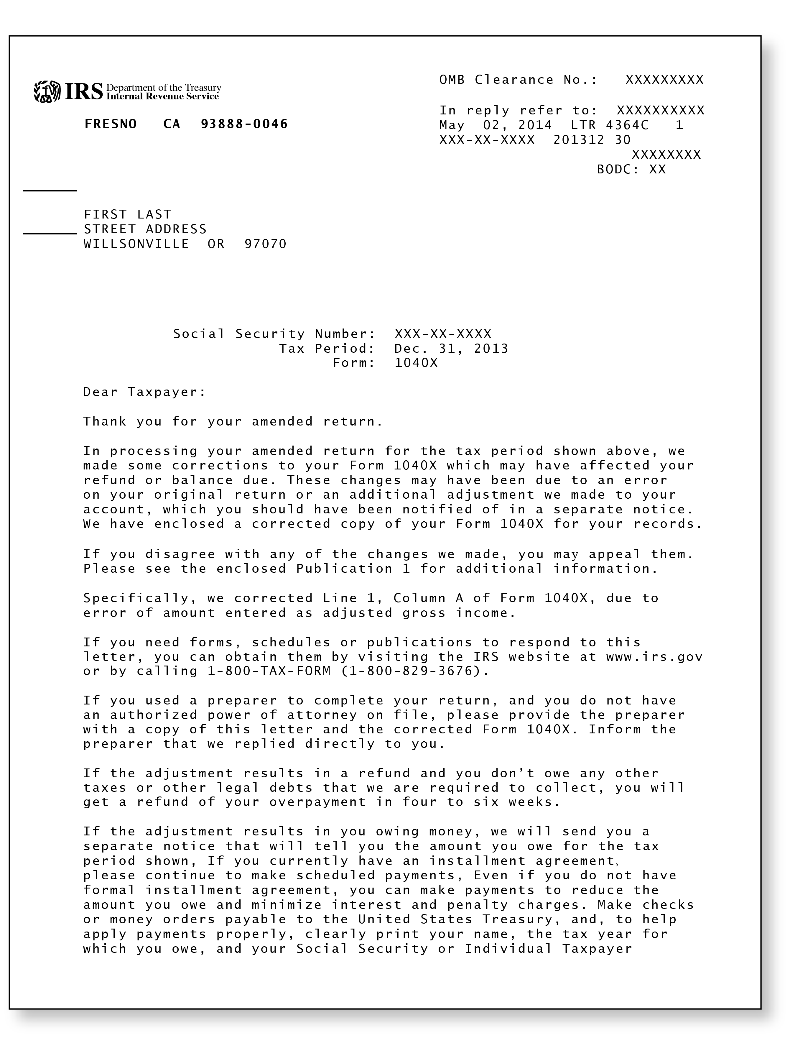 IRS Audit Letter 4364C - Sample 1 