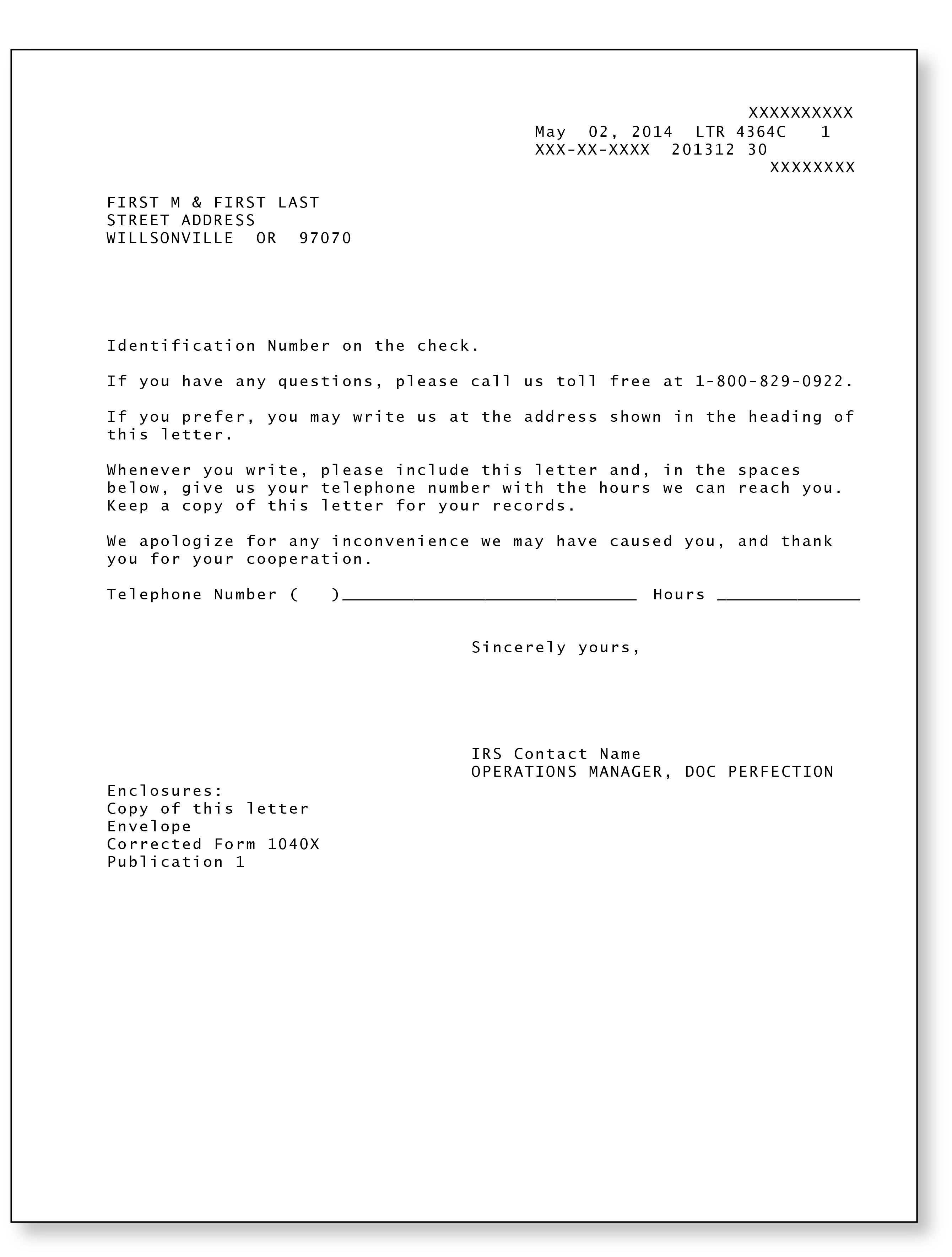 IRS Audit Letter 4364C - Sample 1 