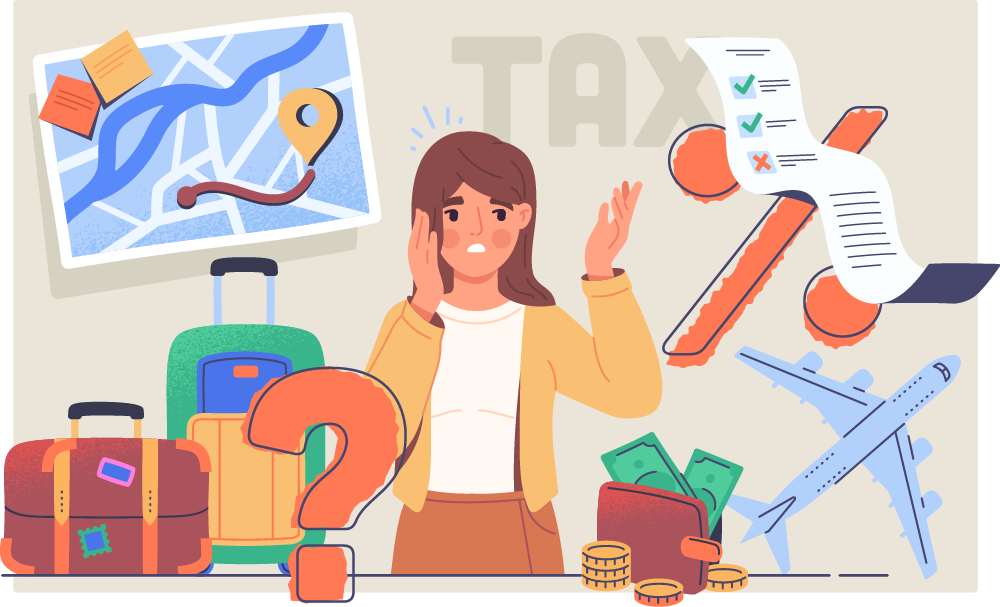 woman surrounded by travel expenses