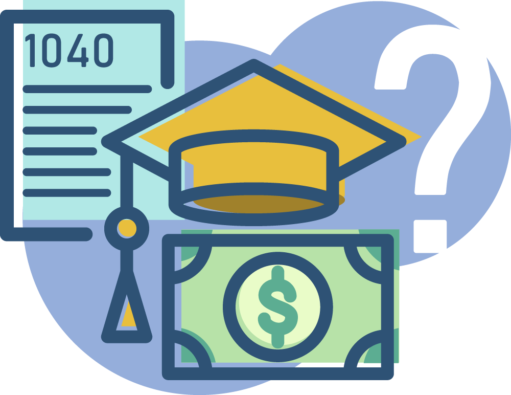 1040, graduation cap, money, and question mark graphic
